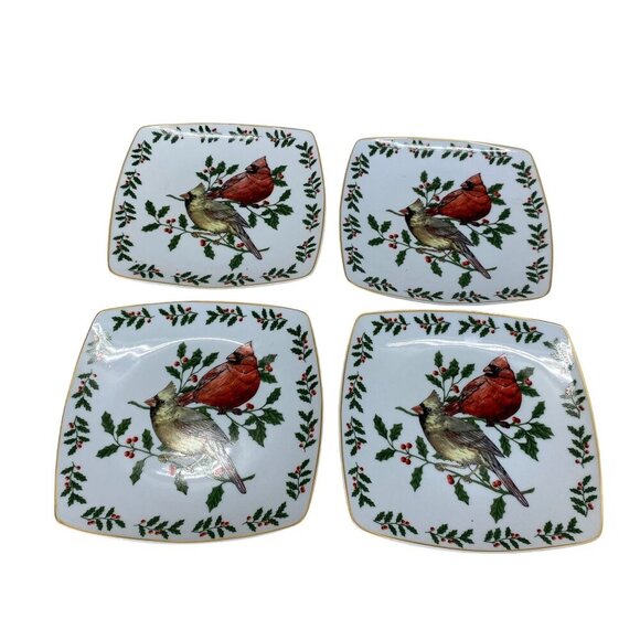 Livingquarters Set Of 4 Square Holiday Cardinal Plates 8.5" Microwave & Dishwash - Picture 3 of 6